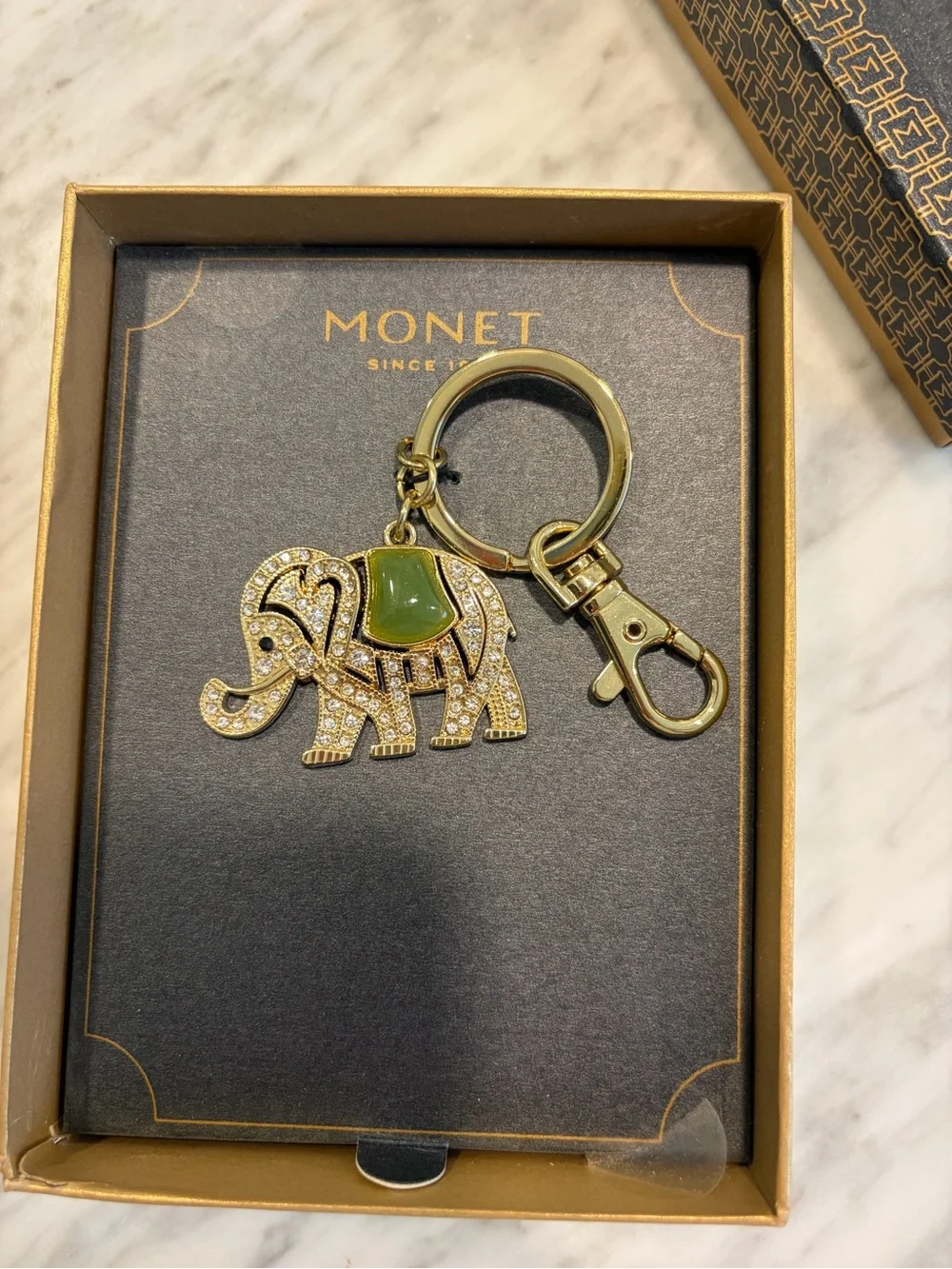 Monet Gold Elephant Keyring with Green Enamel Saddle